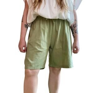 Handmade Green Textured Cotton Pull-On Elastic Waist Bermuda Shorts- Size Large